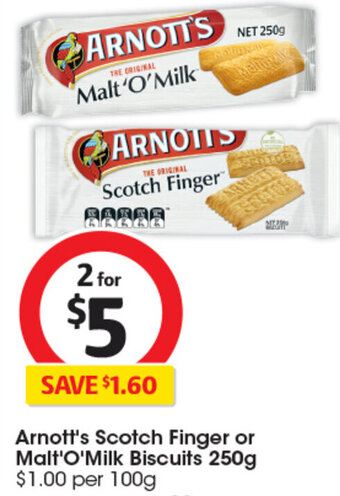 Coles Arnott's Scotch Finger or Malt'O'Milk Biscuits 250g offer