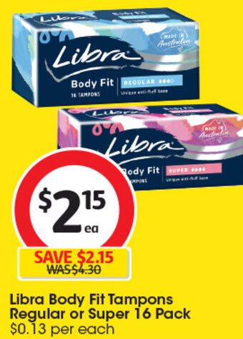 Coles Libra Body Fit Tampons Regular or Super 16 Pack offer