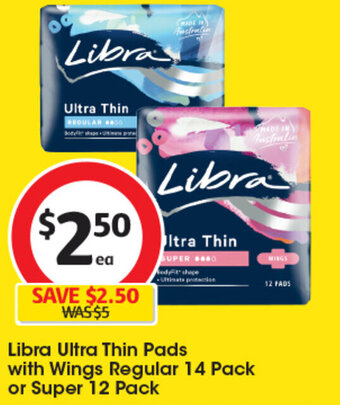 Coles Libra Ultra Thin Pads with Wings Regular 14 Pack or Super 12 Pack offer