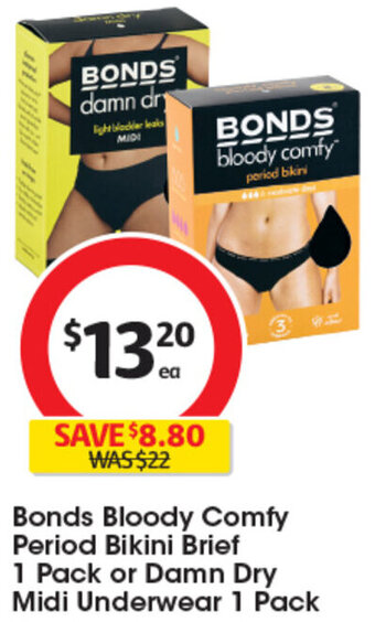 Coles Bonds Bloody Comfy Period Bikini Brief 1 Pack or Damn Dry Midi Underwear 1 Pack offer