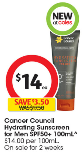 Coles Cancer Council Hydrating Sunscreen for Men SPF50+ 100mL offer