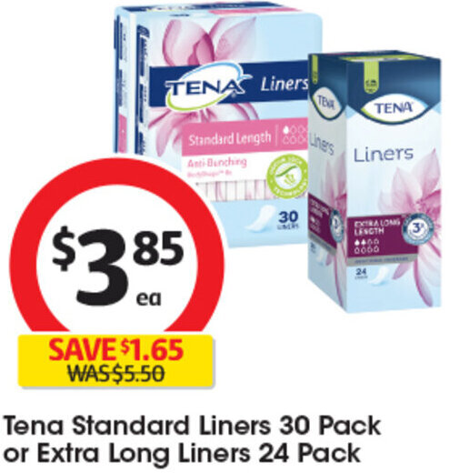 Tena Standard Liners 30 Pack or Extra Long Liners 24 Pack offer at Coles