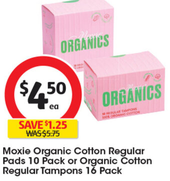 Coles Moxie Organic Cotton Regular Pads 10 Pack or Organic Cotton Regular Tampons 16 Pack offer