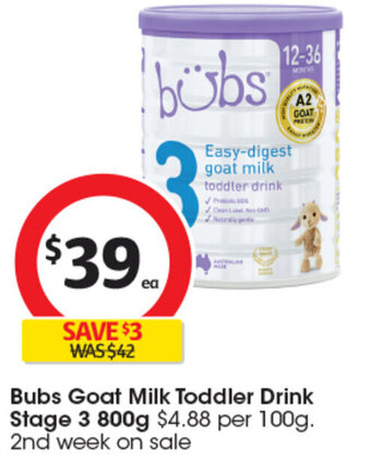 Coles Bubs Goat Milk Toddler Drink Stage 3 800g offer