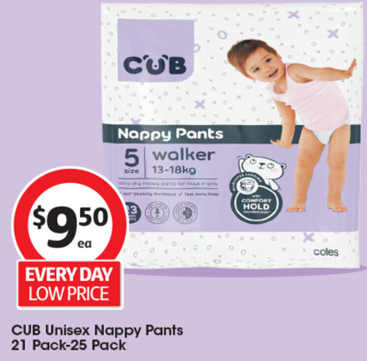 CUB Unisex Nappy Pants 21 Pack25 Pack offer at Coles