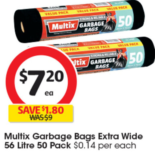 Multix Garbage Bags Extra Wide 56 Litre 50 Pack offer at Coles