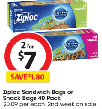 Coles Ziploc Sandwich Bags or Snack Bags 40 Pack offer