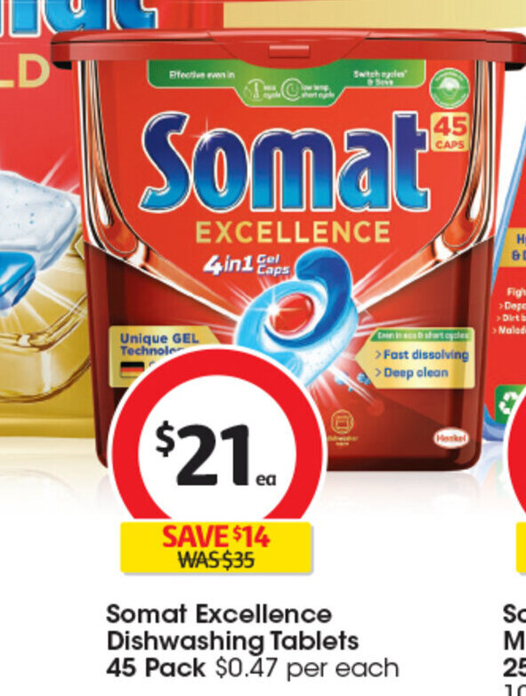 Somat Excellence Dishwashing Tablets 45 Pack offer at Coles