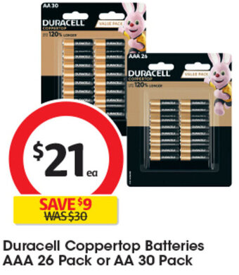 Coles Duracell Coppertop Batteries AAA 26 Pack or AA 30 Pack offer