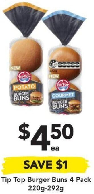 Drakes Tip Top Burger Buns 4 Pack 220g-292g offer