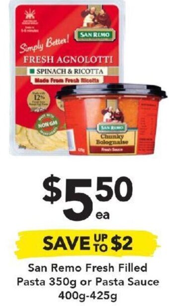 Drakes San Remo Fresh Filled Pasta 350g or Pasta Sauce 400g-425g offer