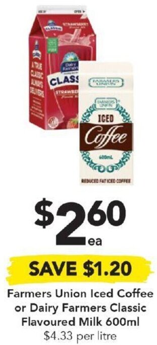 Drakes Farmers Union Iced Coffee or Dairy Farmers Classic Flavoured Milk 600ml offer