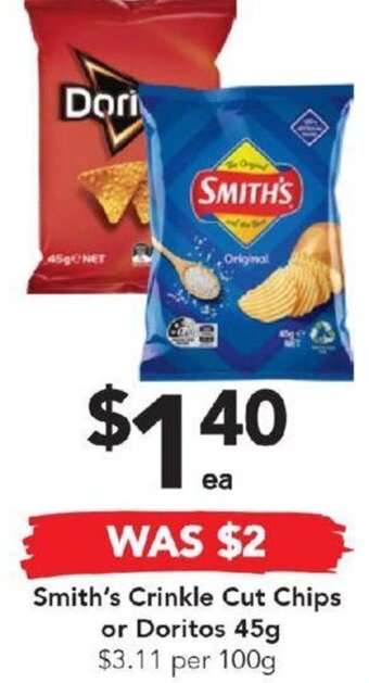 Drakes Smith's Crinkle Cut Chips or Doritos 45g offer