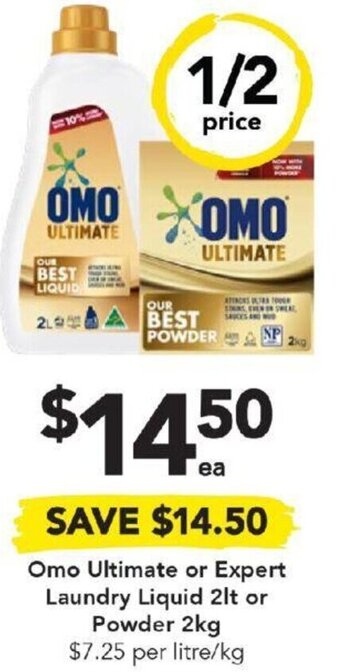 Drakes Omo Ultimate or Expert Laundry Liquid 2lt or Powder 2kg offer