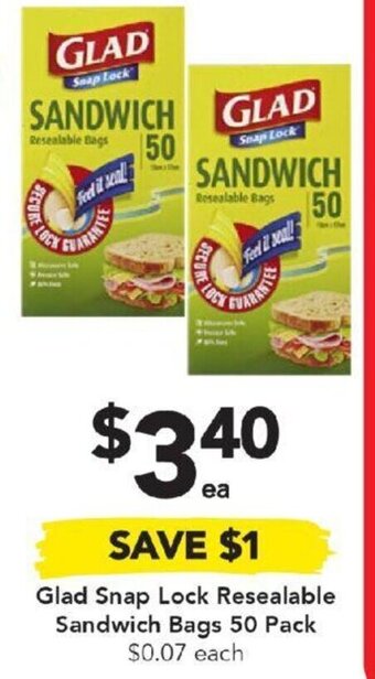 Glad Snap Lock Resealable Sandwich Bags 50 Pack