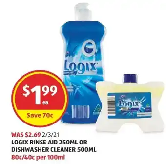 ALDI Logix Rinse Aid 250ml or Dishwasher Cleaner 500ml offer
