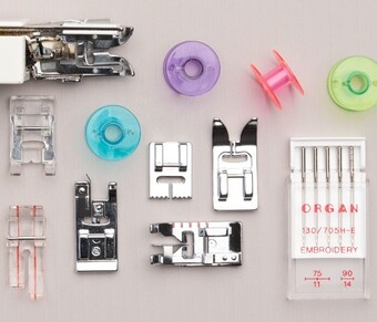 All sewing machine accessories, bobbins & feet