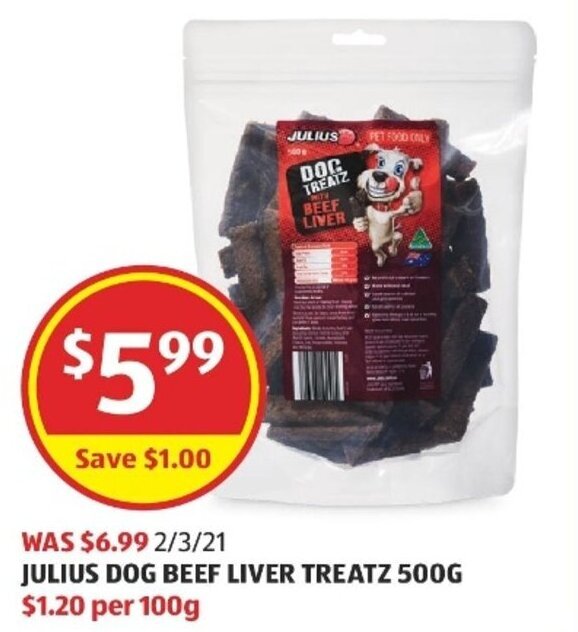 Julius Dog Beef Liver Treatz 500g offer at ALDI