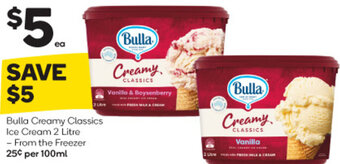 Woolworths Bulla Creamy Classics Ice Cream 2 Litre offer