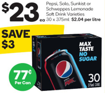 Woolworths Pepsi, Solo, Sunkist or Schweppes Lemonade Soft Drink Varieties ea 30 x 375ml offer