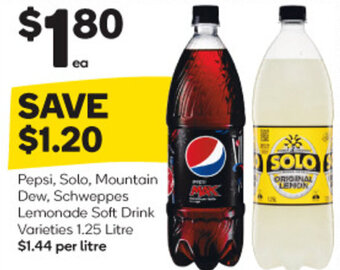 Woolworths Pepsi, Solo, Mountain Dew, Schweppes Lemonade Soft Drink Varieties 1.25 Litre offer
