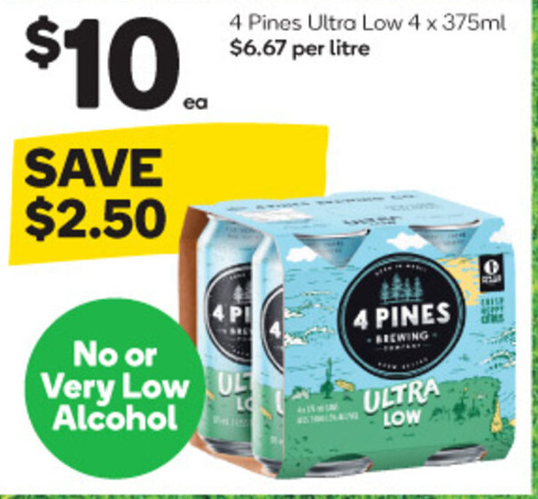 4 Pines Ultra Low 4 x 375ml offer at Woolworths