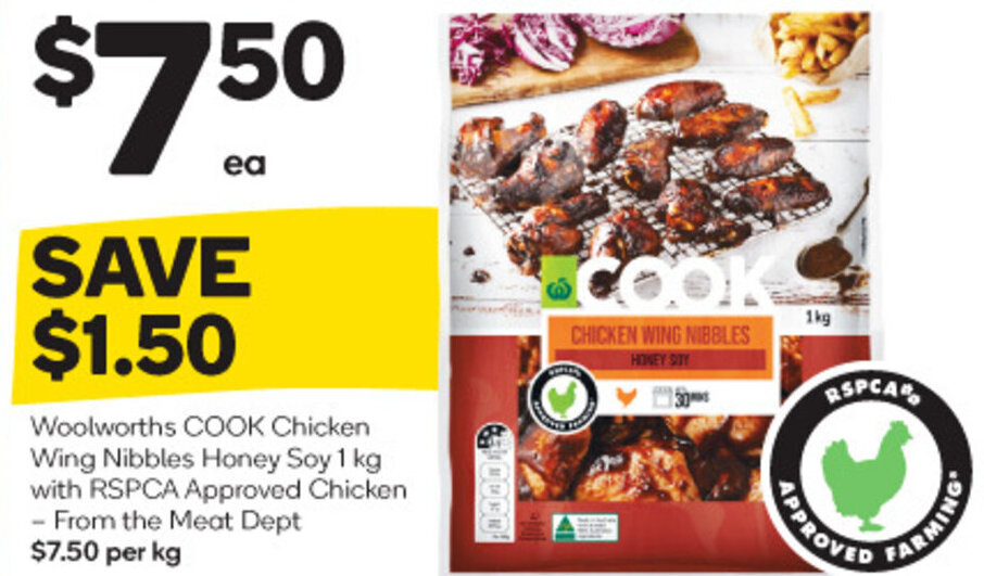 Woolworths COOK Chicken Wing Nibbles Honey Soy 1 kg with RSPCA Approved