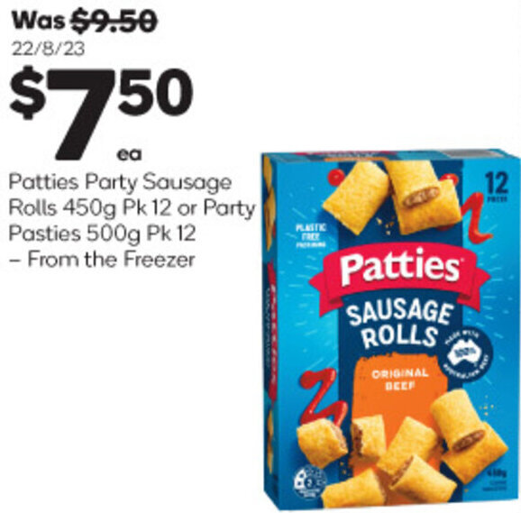 Patties Party Sausage Rolls 450g Pk 12 or Party Pasties 500g Pk 12