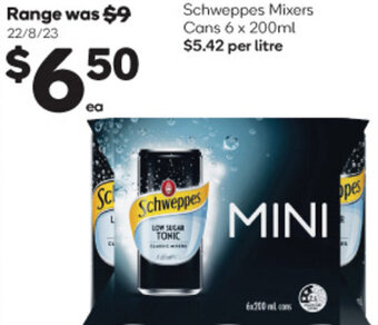 Woolworths Schweppes Mixers Cans 6 x 200ml offer