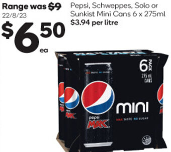 Woolworths Pepsi, Schweppes, Solo or Sunkist Mini Cans 6 x 275ml offer