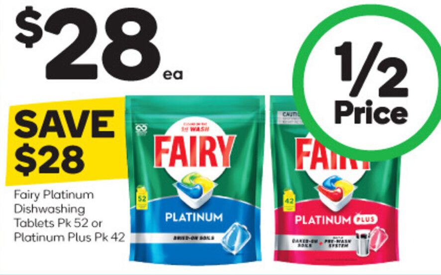 Fairy Platinum Dishwashing Tablets Pk 52 or Platinum Plus Pk 42 offer