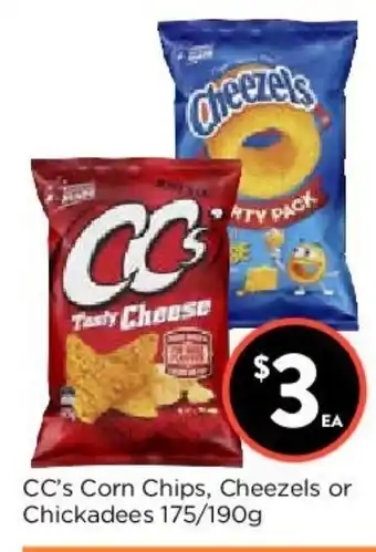 Foodworks CC's Corn Chips, Cheezels or Chickadees 175/190g offer