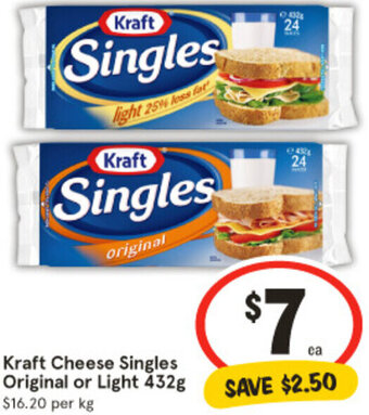 IGA Kraft Cheese Singles Original or Light 432g offer