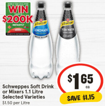 IGA Schweppes Soft Drink or Mixers 1.1 Litre Selected Varieties offer