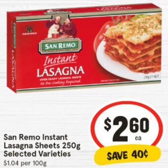 IGA San Remo Instant Lasagna Sheets 250g Selected Varieties offer