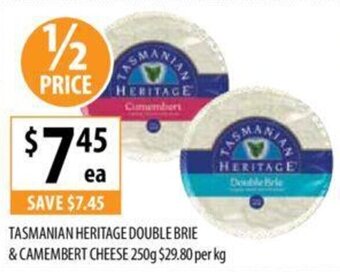 Supabarn TASMANIAN HERITAGE DOUBLE BRIE & CAMEMBERT CHEESE 250g offer