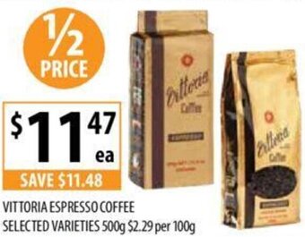 Supabarn VITTORIA ESPRESSO COFFEE SELECTED VARIETIES 500g offer
