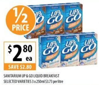 Supabarn SANITARIUM UP & GO LIQUID BREAKFAST SELECTED VARIETIES 3 x 250ml offer