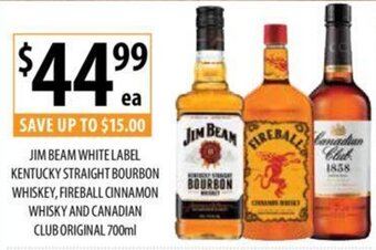 Supabarn JIM BEAM WHITE LABEL KENTUCKY STRAIGHT BOURBON WHISKEY, FIREBALL CINNAMON WHISKY AND CANADIAN CLUB ORIGINAL 700ml offer