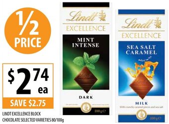 Supabarn LINDT EXCELLENCE BLOCK CHOCOLATE SELECTED VARIETIES 80/100g offer