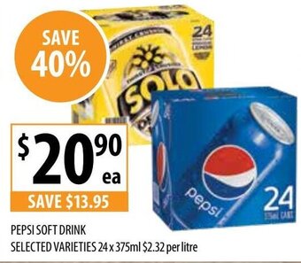 Supabarn PEPSI SOFT DRINK SELECTED VARIETIES 24 x 375ml offer
