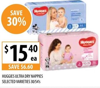 Supabarn HUGGIES ULTRA DRY NAPPIES SELECTED VARIETIES 30/54's offer