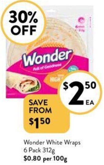 Foodworks Wonder White Wraps 6 Pack 312g offer