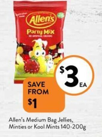 Foodworks Allen's Medium Bag Jellies, Minties or Kool Mints 140-200g offer