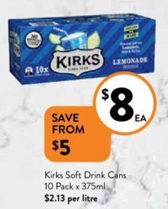 Foodworks Kirks Soft Drink Cans 10 Pack x 375ml offer