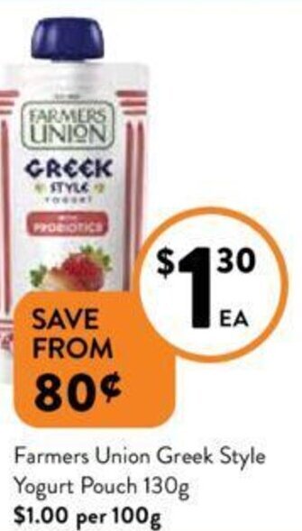 Foodworks Farmers Union Greek Style Yogurt Pouch 130g offer