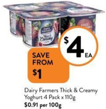 Foodworks Dairy Farmers Thick & Creamy Yoghurt 4 Pack x 110g offer