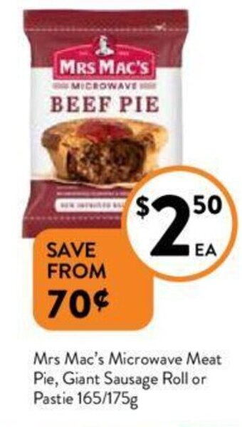 Foodworks Mrs Mac's Microwave Meat Pie, Giant Sausage Roll or Pastie 165/175g offer