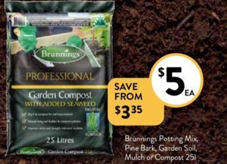 Brunnings Potti`ng Mix, Pine Bark, Garden Soil, Mulch or Compost 251 offer at Foodworks