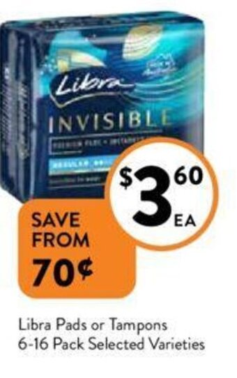 Foodworks Libra Pads or Tampons 6-16 Pack Selected Varieties offer